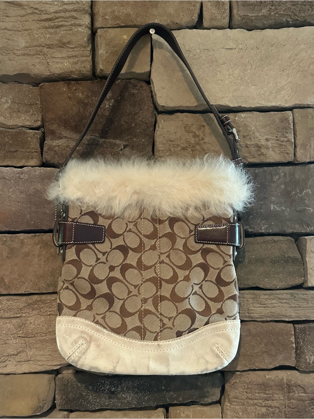 Auth. Coach Brown Signature Canvas Shoulder Bag with Shearling Cream Fur Trim!! - Picture 2 of 15
